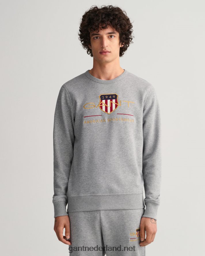 GANT Heren grijs gemêleerd sweatshirt met ronde hals en archiefschild R48460254