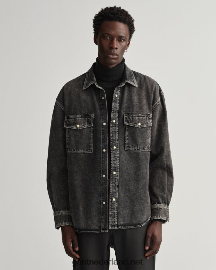 GANT Heren zwart ingedragen oversized denim overhemd met zware wassing R4846023