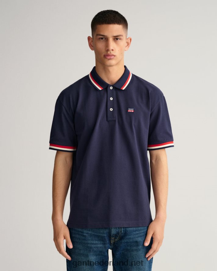 GANT Heren avond blauw piqué poloshirt met retro vlag R48460124