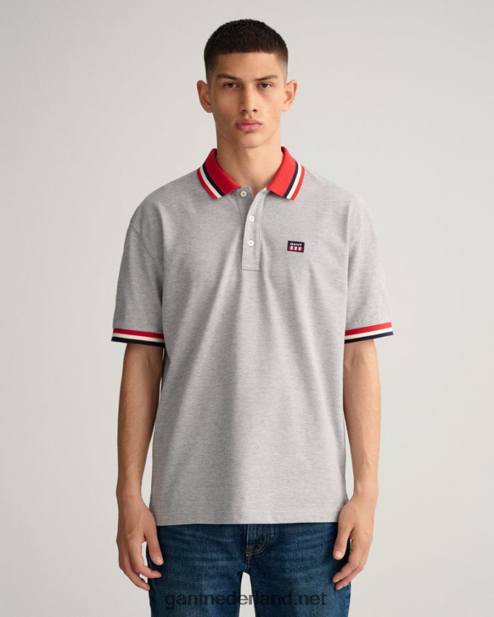 GANT Heren grijs gemêleerd piqué poloshirt met retro vlag R48460125