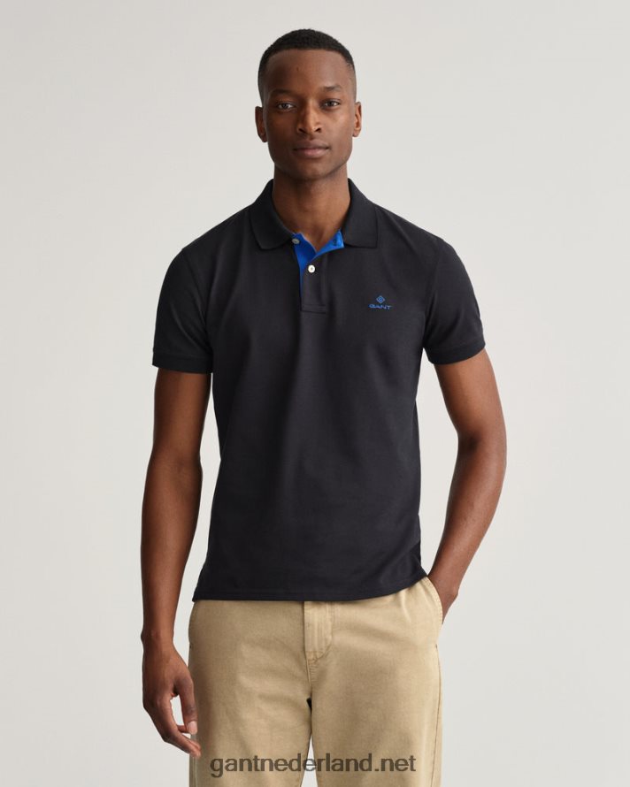 GANT Heren zwart contrasterende kraag piqué rugger R48460114