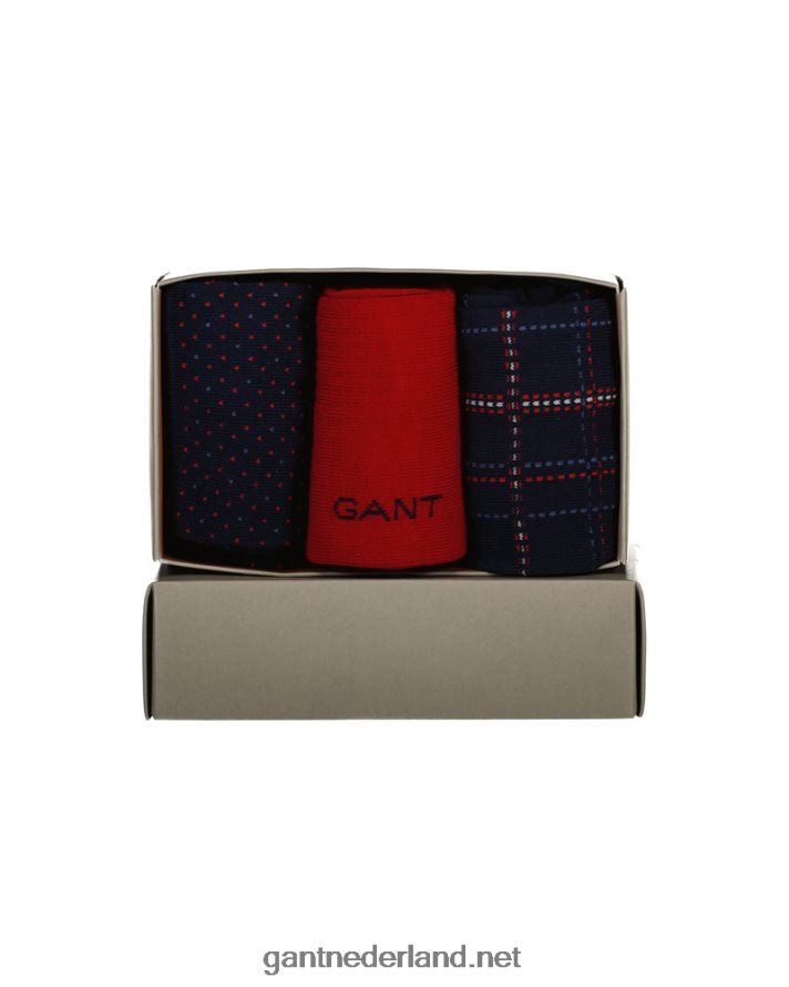 GANT Heren avond blauw 3-pack geruite sokken met geschenkverpakking R48460514