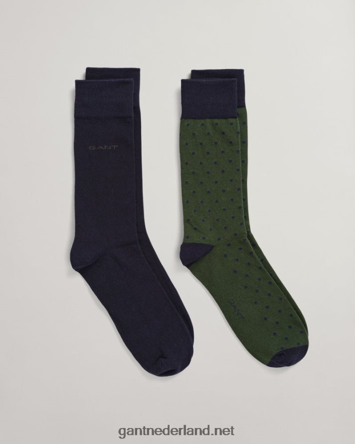 GANT Heren storm groen 2-pack effen en stippen sokken R48460523