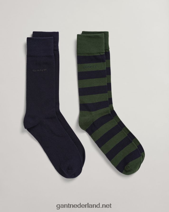 GANT Heren storm groen 2-pack gestreepte en effen sokken R48460515