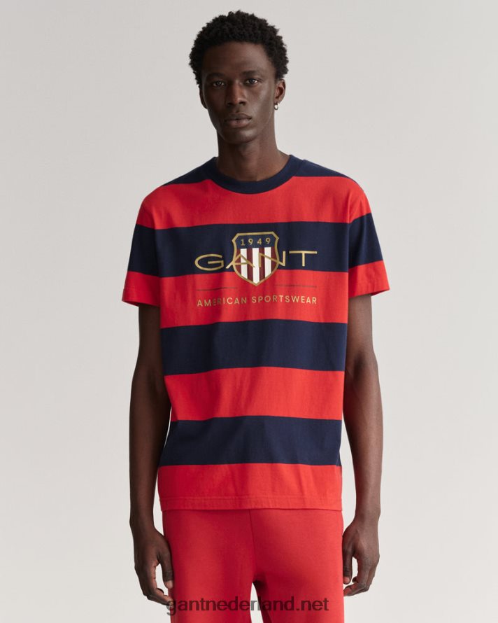 GANT Heren fel rood T-shirt met gestreept archiefschild R48460165