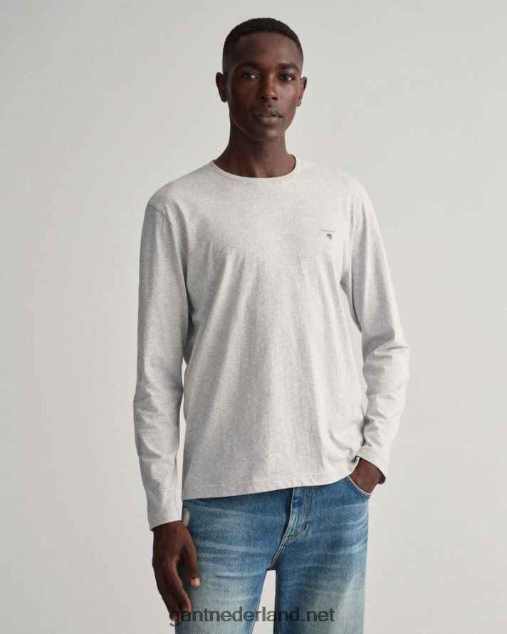 GANT Heren lichtgrijs gemêleerd origineel t-shirt met lange mouwen R48460185