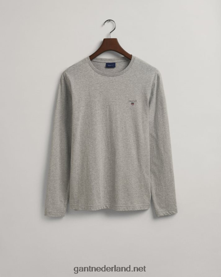 GANT Heren lichtgrijs gemêleerd origineel t-shirt met lange mouwen R48460185