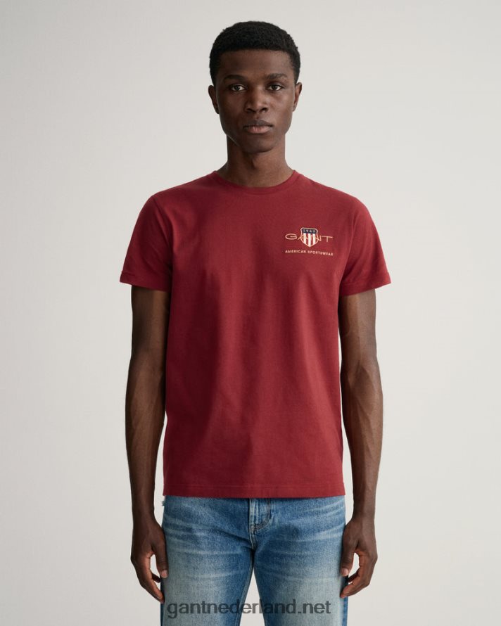 GANT Heren rood geplooid T-shirt met geborduurd schild uit het archief R48460201