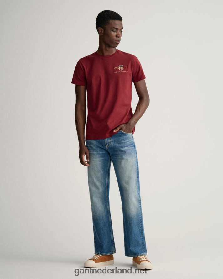 GANT Heren rood geplooid T-shirt met geborduurd schild uit het archief R48460201