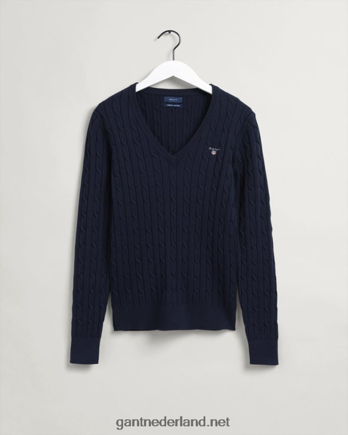GANT vrouwen avond blauw Kabeltrui met v-hals van stretchkatoen R48460691