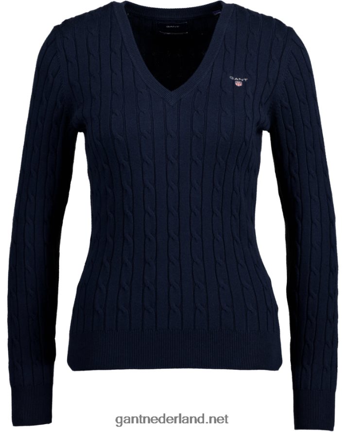 GANT vrouwen avond blauw Kabeltrui met v-hals van stretchkatoen R48460691