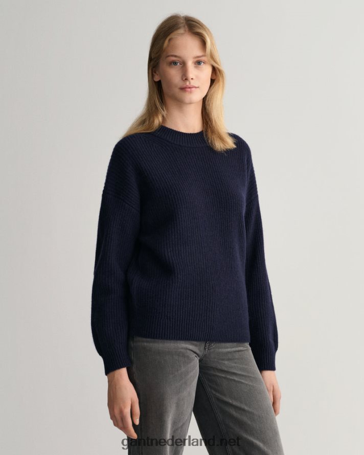 GANT vrouwen avond blauw geribbelde wollen trui met ronde hals R48460667