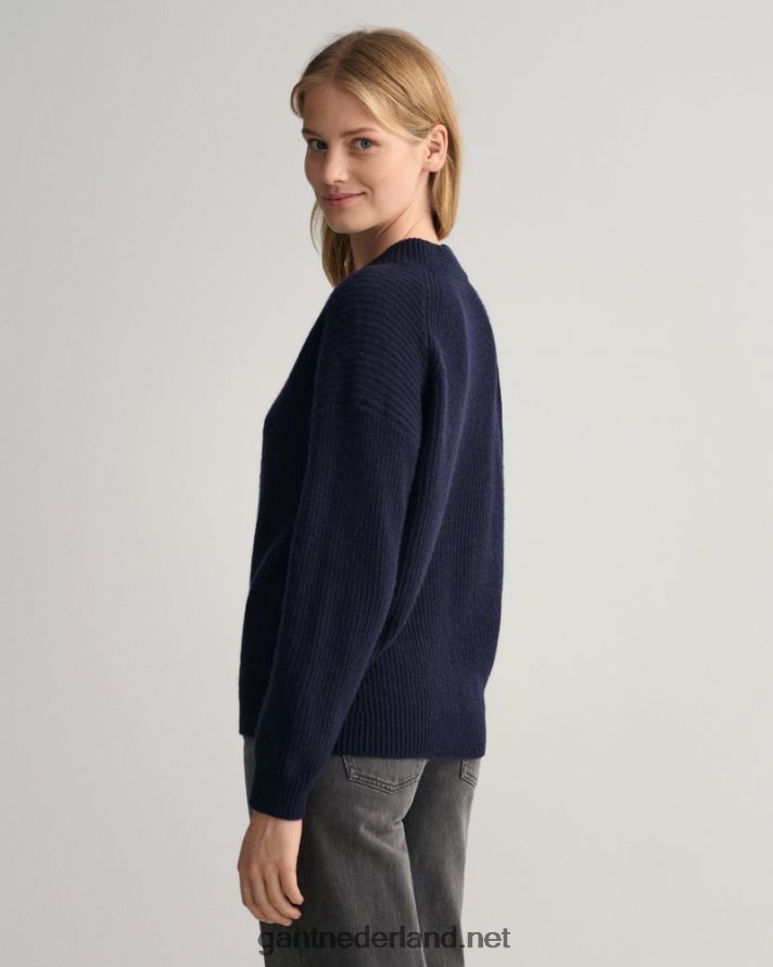 GANT vrouwen avond blauw geribbelde wollen trui met ronde hals R48460667