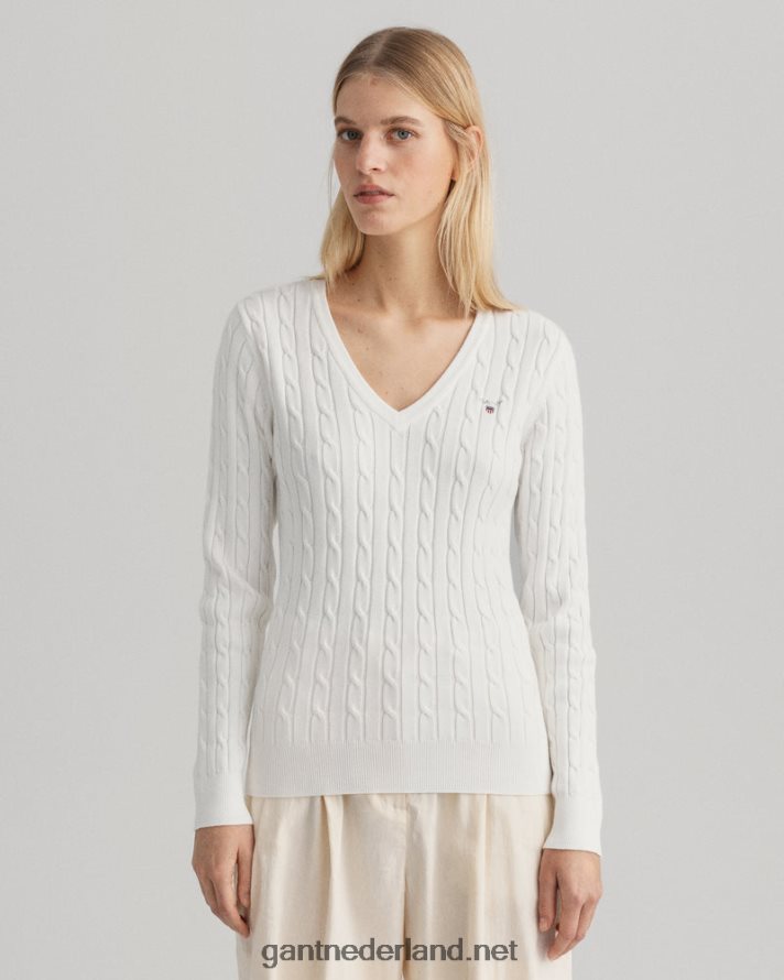 GANT vrouwen eierschaal Kabeltrui met v-hals van stretchkatoen R48460689