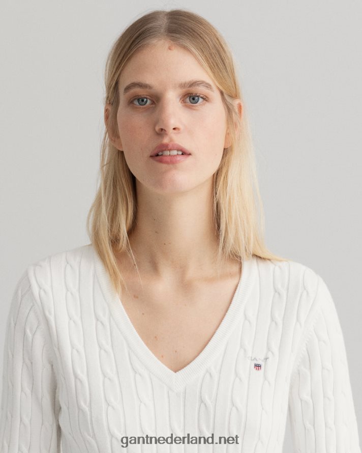 GANT vrouwen eierschaal Kabeltrui met v-hals van stretchkatoen R48460689
