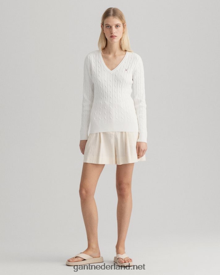 GANT vrouwen eierschaal Kabeltrui met v-hals van stretchkatoen R48460689