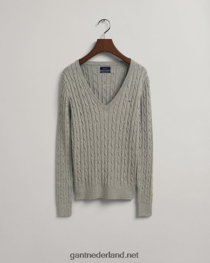 GANT vrouwen lichtgrijs gemêleerd Kabeltrui met v-hals van stretchkatoen R48460664