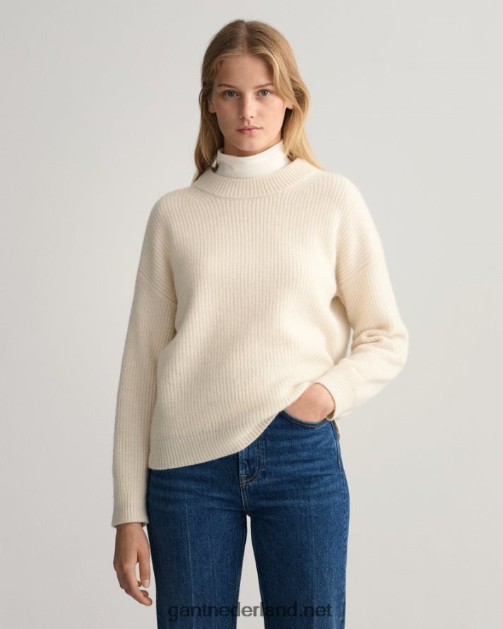GANT vrouwen room geribbelde wollen trui met ronde hals R48460663