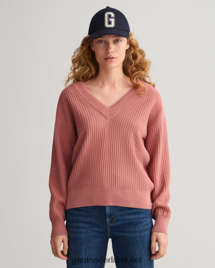 GANT vrouwen terracotta roze katoenen geribbelde trui met v-hals R48460679