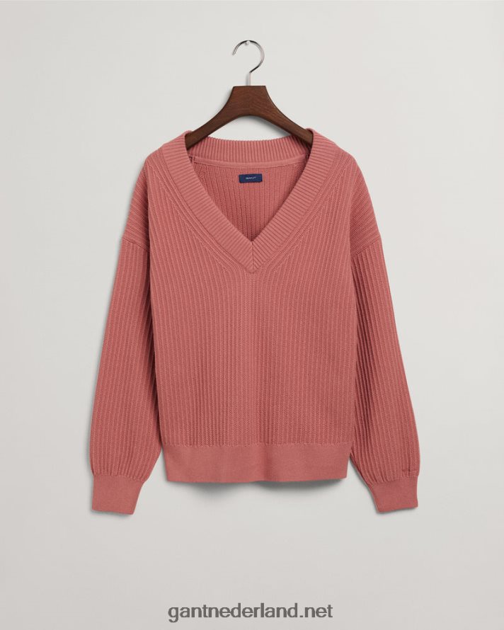 GANT vrouwen terracotta roze katoenen geribbelde trui met v-hals R48460679