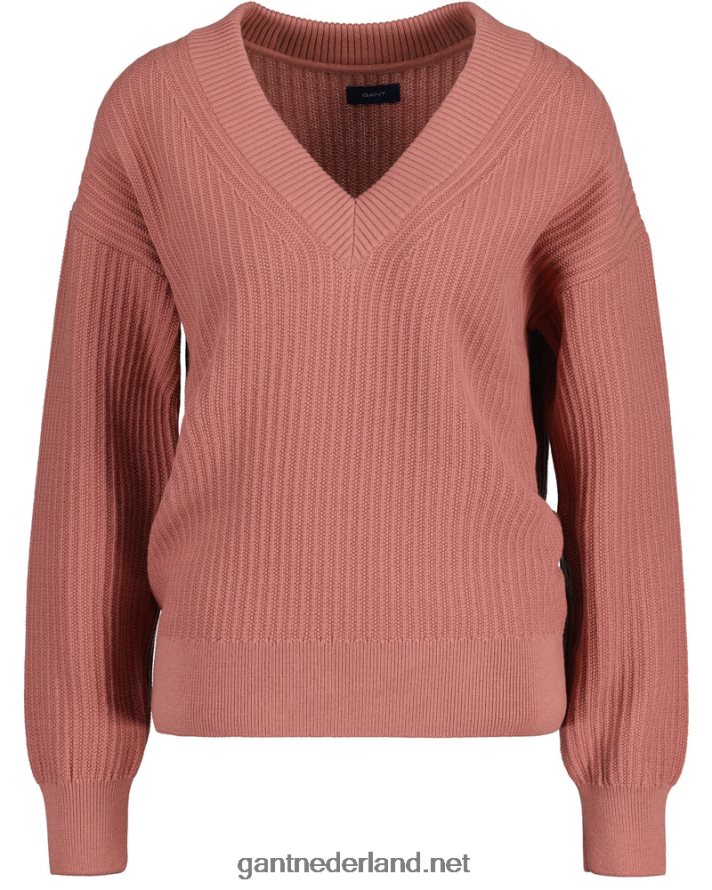 GANT vrouwen terracotta roze katoenen geribbelde trui met v-hals R48460679