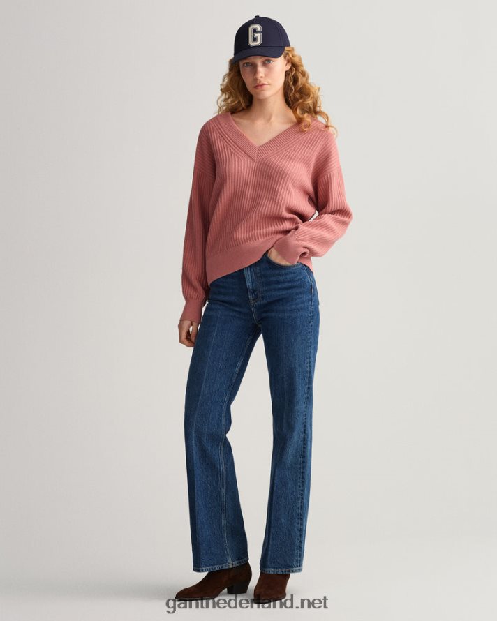 GANT vrouwen terracotta roze katoenen geribbelde trui met v-hals R48460679
