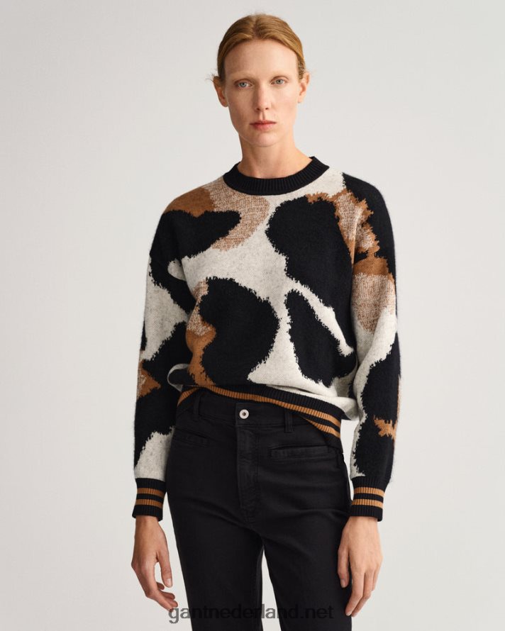 GANT vrouwen zwart luipaard intarsia trui met ronde hals R48460670