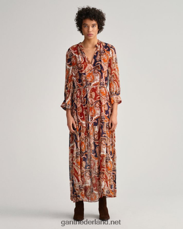 GANT vrouwen gouden sinaasappel Paisley maxi-jurk met ruches R48460644