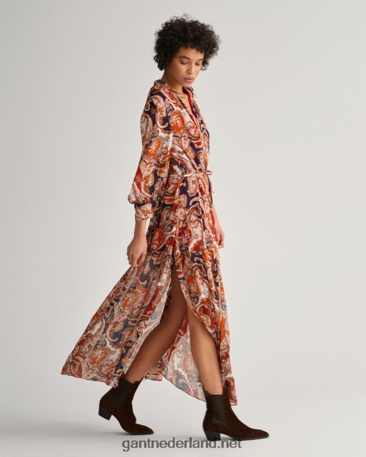 GANT vrouwen gouden sinaasappel Paisley maxi-jurk met ruches R48460644