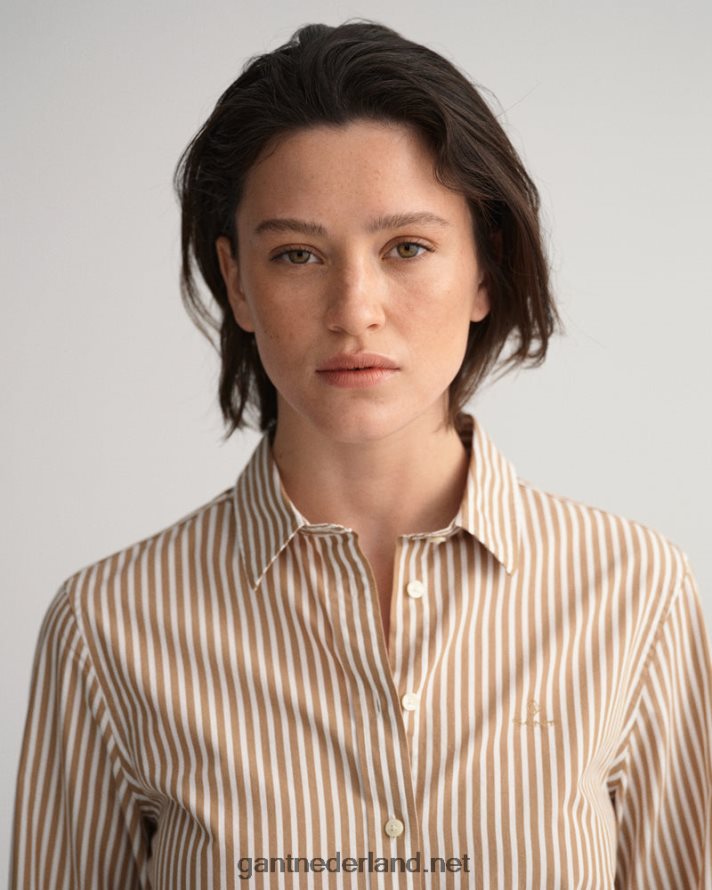 GANT vrouwen warme kaki Gestreept overhemd van popeline met normale pasvorm R48460585