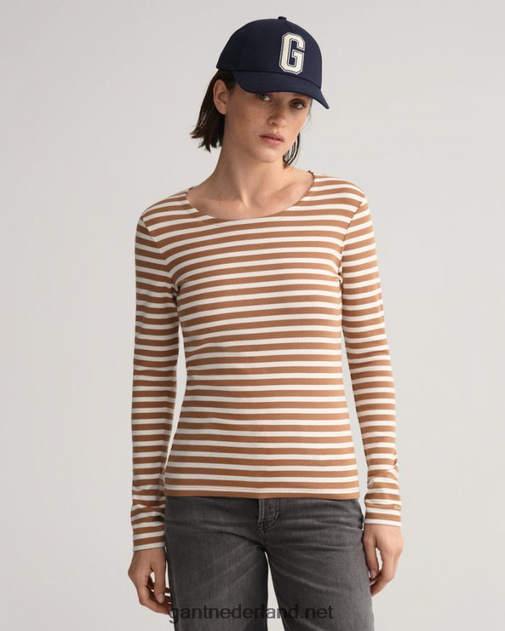 GANT vrouwen geroosterde walnoot gestreept geribbeld T-shirt met lange mouwen R48460600