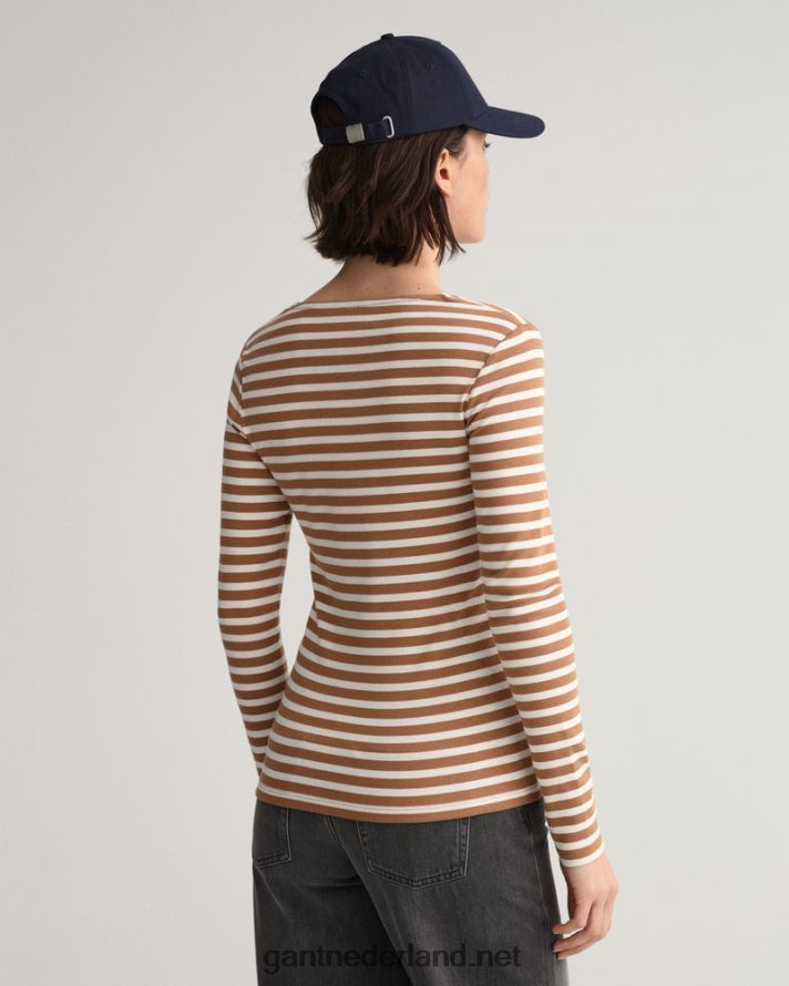 GANT vrouwen geroosterde walnoot gestreept geribbeld T-shirt met lange mouwen R48460600