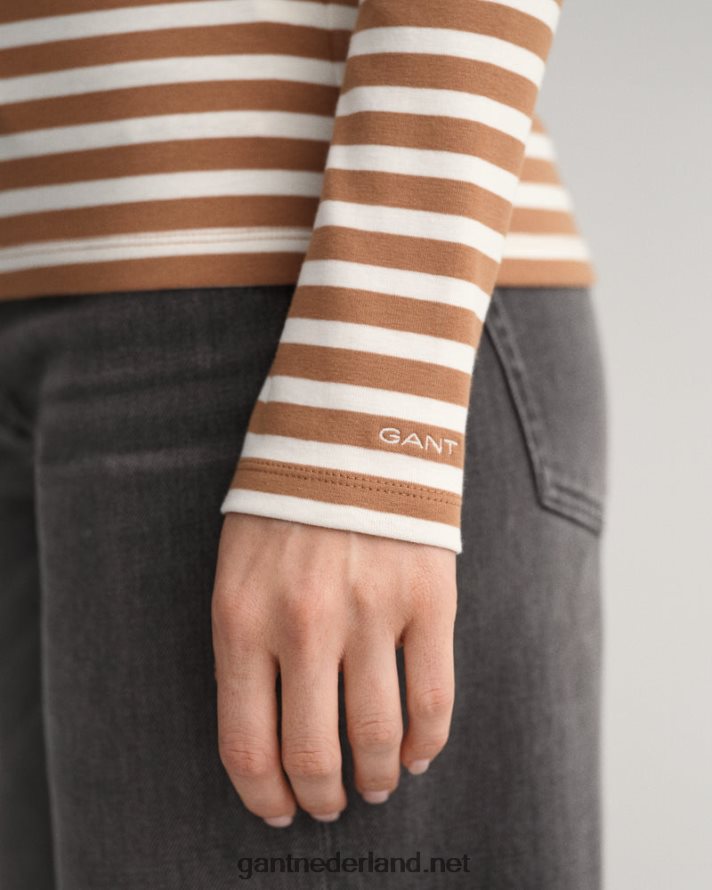 GANT vrouwen geroosterde walnoot gestreept geribbeld T-shirt met lange mouwen R48460600
