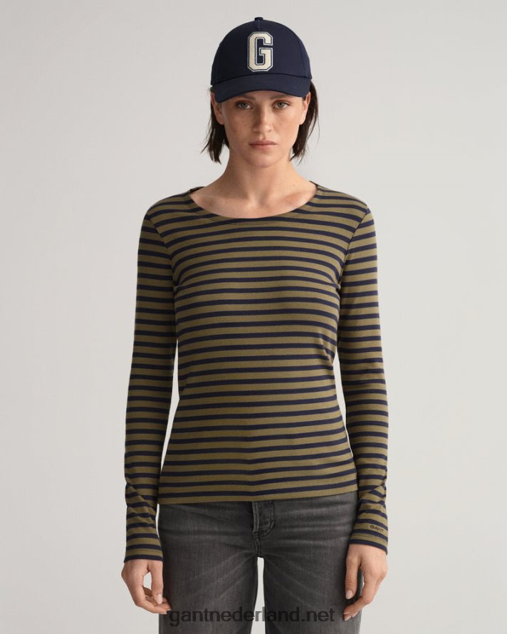 GANT vrouwen jagersgroen gestreept geribbeld T-shirt met lange mouwen R48460638