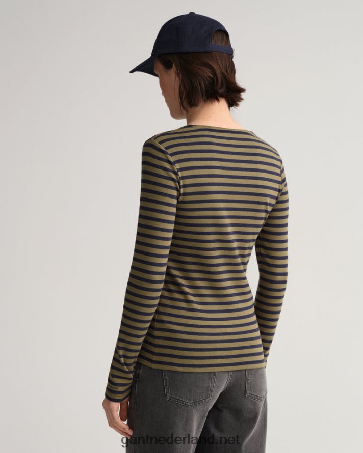 GANT vrouwen jagersgroen gestreept geribbeld T-shirt met lange mouwen R48460638