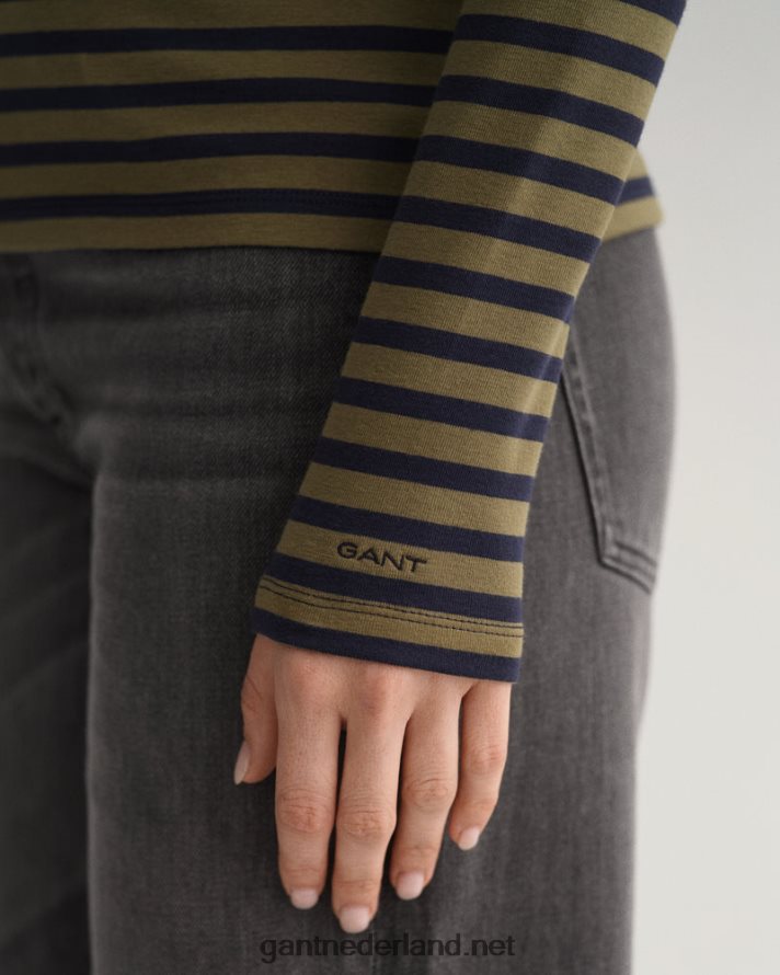 GANT vrouwen jagersgroen gestreept geribbeld T-shirt met lange mouwen R48460638