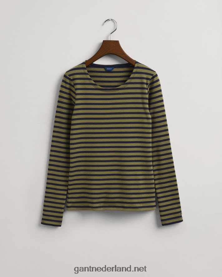 GANT vrouwen jagersgroen gestreept geribbeld T-shirt met lange mouwen R48460638