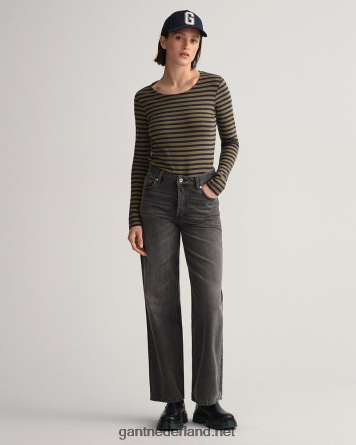 GANT vrouwen jagersgroen gestreept geribbeld T-shirt met lange mouwen R48460638